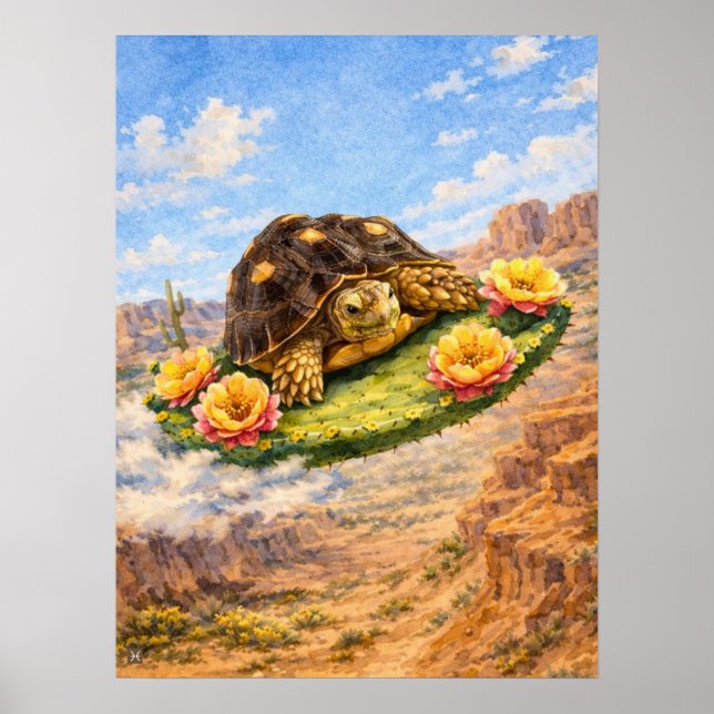 Affiche Tortue à l'aquarelle volant sur un coussin de cact (Devant)