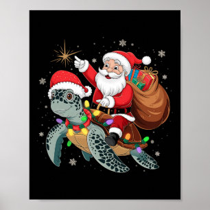 Affiche Tortue amusante Noël Père Noël équitation Tortue d
