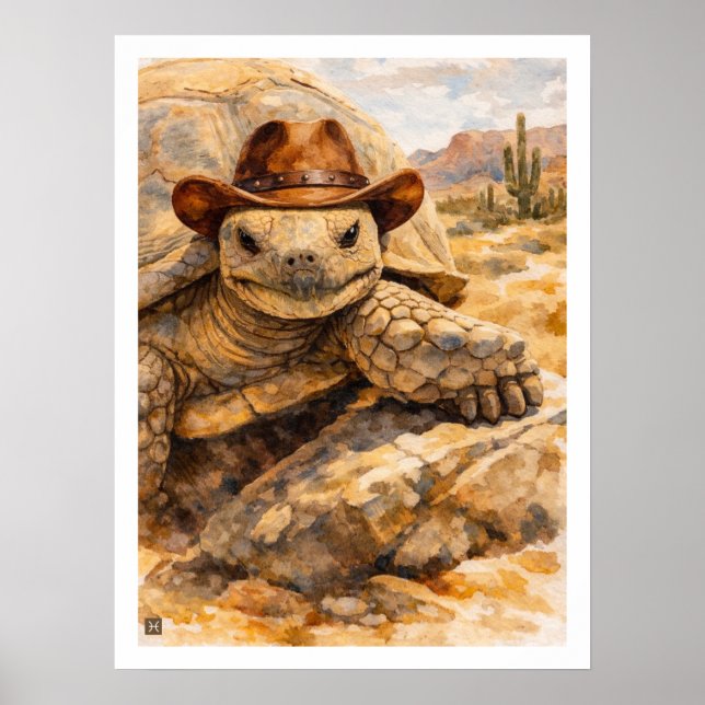 Affiche Tortue cow-boy aquarelle dans le désert (Devant)