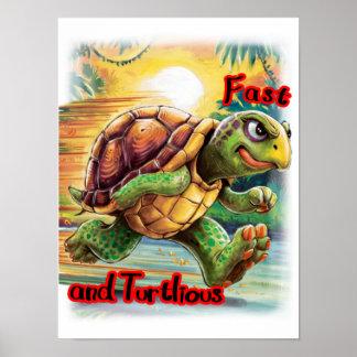 Affiche Tortue de dessin animé drôle et colorée sur une