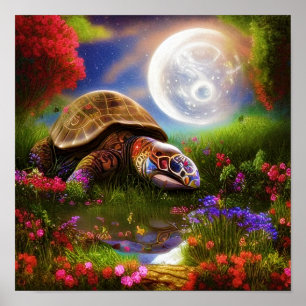 Affiche Tortue de fantaisie et lune   