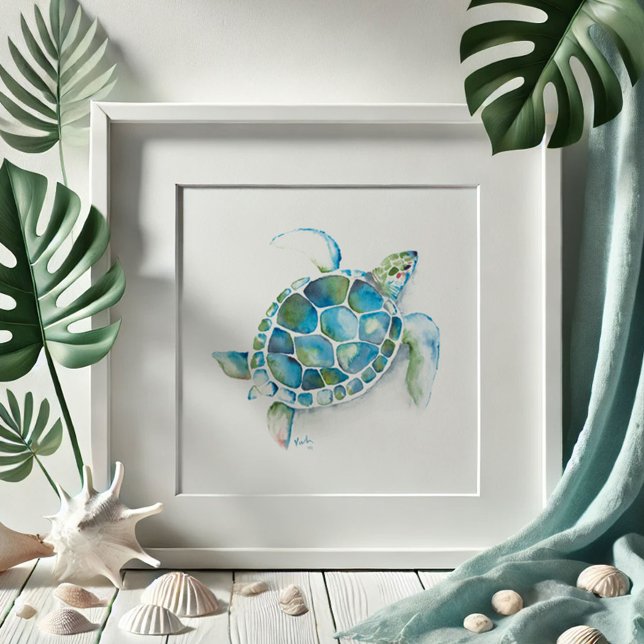 Affiche Tortue de mer à l'aquarelle (Sea turtle drawing beach pictures watercolor art by Victoria Grigaliunas Do Tell A Belle)
