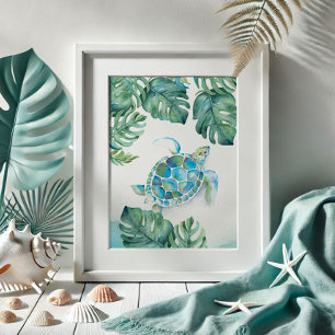 Affiche Tortue de mer à l'aquarelle et feuilles de Monster
