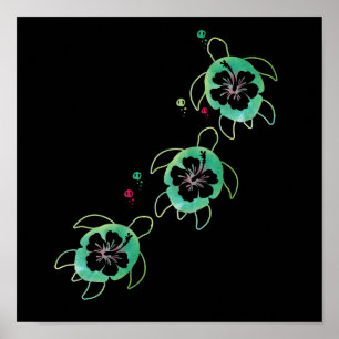 Affiche Tortue de mer artistique Hibiscus murale de fleurs