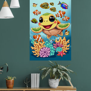 Affiche Tortue de mer Bébé heureux et mignonne personnage