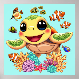 Affiche Tortue de mer Bébé heureux et mignonne personnage