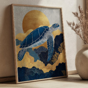 Affiche Tortue de mer bleu marine et or Kintsugi sous-mari