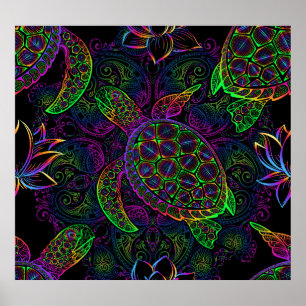 Affiche Tortue de mer Boho : Motif psychédélique mandala