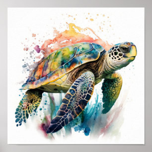 Affiche Tortue de mer colorée avec éclaboussures de style
