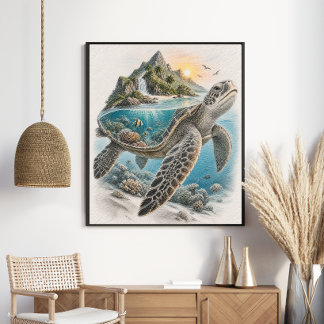 Affiche Tortue de mer de récif corallien d'île tropicale
