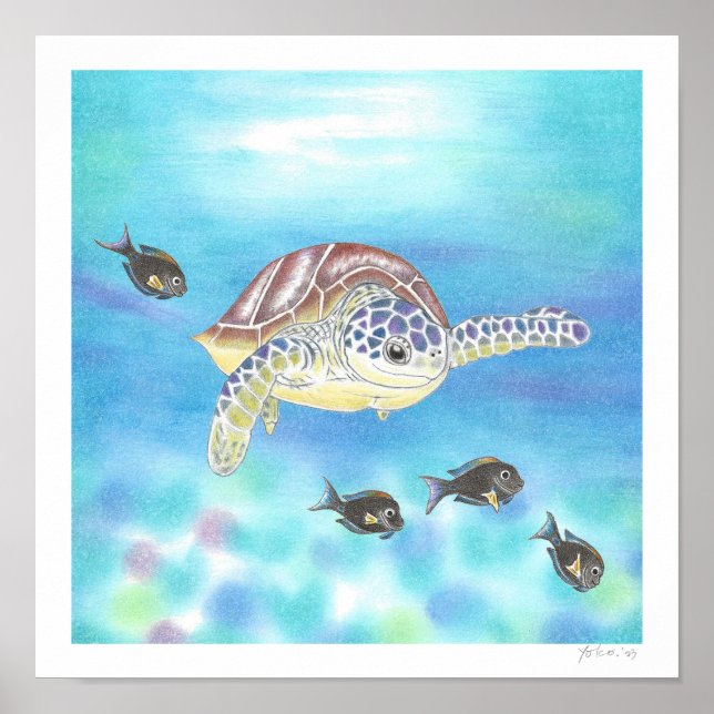Affiche Tortue de mer Dessin au crayon de couleur Impressi (Devant)