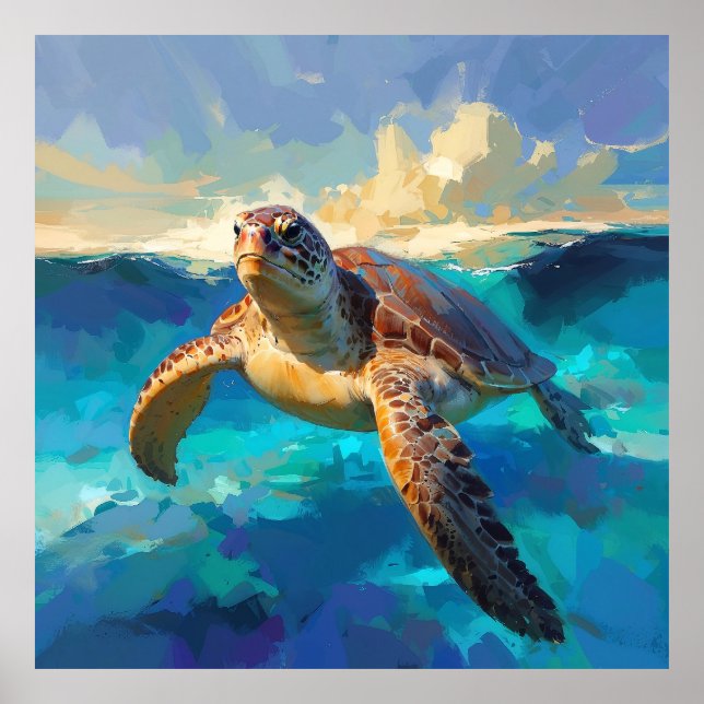 Affiche Tortue de mer en peinture océanique dynamique (Devant)