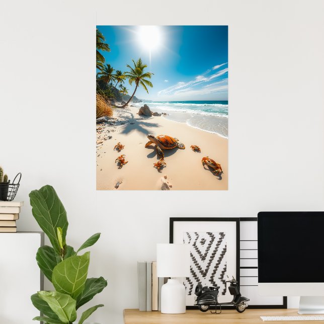 Affiche Tortue de mer et crabes sur une plage tropicale –  (Bureau à domicile)