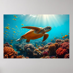 Affiche Tortue de mer et de nombreux petits poissons sous 