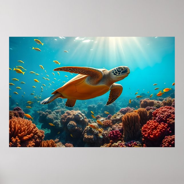Affiche Tortue de mer et de nombreux petits poissons sous  (Devant)