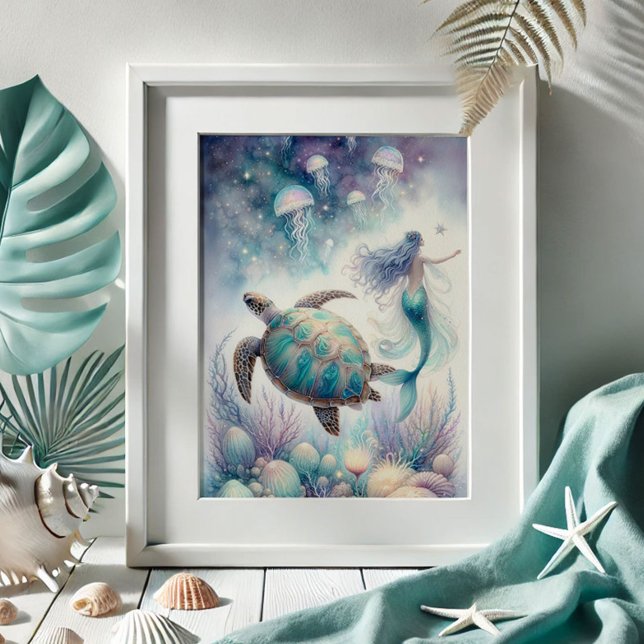 Affiche Tortue de mer et Mermaid Art Mur (beach pictures mermaid and sea turtle drawing by Do Tell A Belle. Shop)