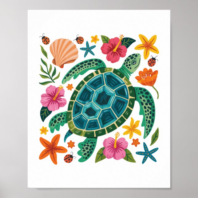 Affiche Tortue de mer florale Boho (Devant)