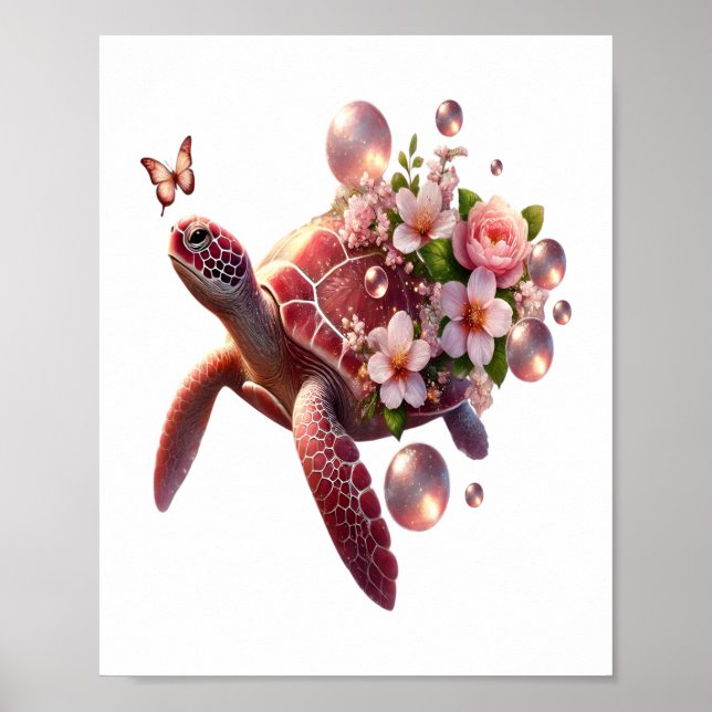 Affiche Tortue de mer Florale Boho, Fleur rose (Devant)