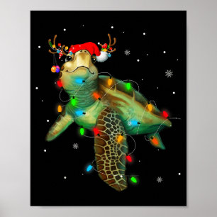 Affiche Tortue de mer Lumières de Noël Drôle de chapeau de