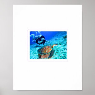 Affiche Tortue de mer majestueuse et plongeur en scaphandr
