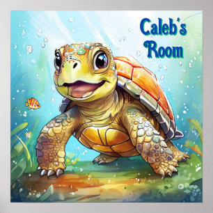 Affiche Tortue de mer mignonne dans un dessin animé de l'o