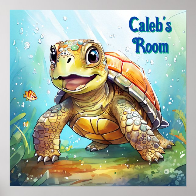 Affiche Tortue de mer mignonne dans un dessin animé de l'o (Devant)