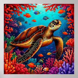 Affiche Tortue de mer nageant au-dessus d'une barrière de 