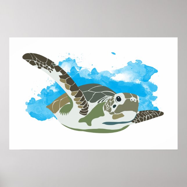 Affiche Tortue de mer nageant dans un design aquarelle (Devant)
