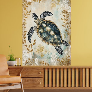 Affiche tortue de mer nageant entourée de motifs floraux.