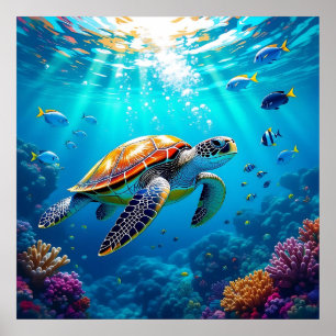 Affiche Tortue de mer Scène sous-marine colorée et vibrant