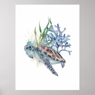 Affiche Tortue de mer sous la mer Aquarelle Mur d'art