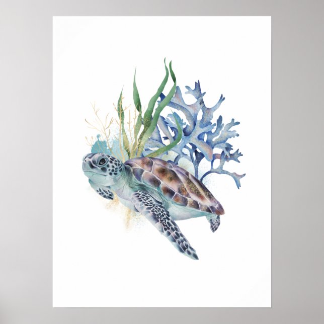 Affiche Tortue de mer sous la mer Aquarelle Mur d'art (Devant)