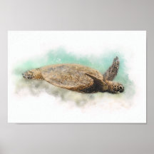 Tortue de mer verte hawaïenne - Aquarelle de tortu