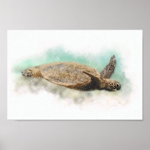 Affiche Tortue de mer verte hawaïenne - Aquarelle de tortu