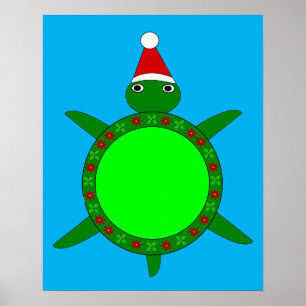 Affiche Tortue de Noël mignonne avec coquille de fleurs