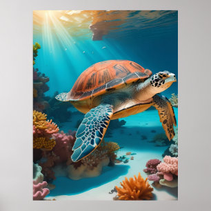 Affiche Tortue marine Serene 3D en Océan -Tranquille Lif M