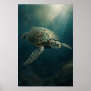 Affiche Tortue marine verte glissant à travers la lumière 