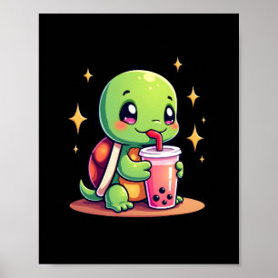 Affiche Tortue mignonne buvant du boba. Drôles de tortues
