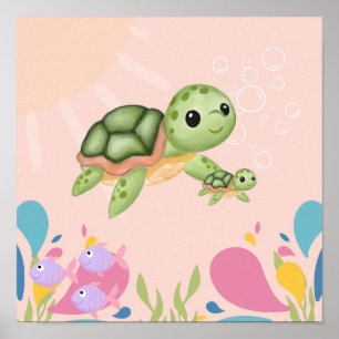 Affiche Tortue mignonne dans la scène océanique rose,
