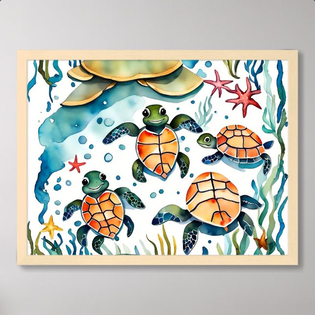 Affiche tortue peindre petit mignon algue étoile de mer oc (turtle painting little cute seaweed starfish ocean)