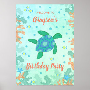 Affiche Tortue sous la mer fête d'anniversaire