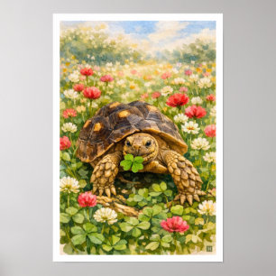 Affiche Tortue Sulcata à l'aquarelle avec trèfle porte-bon