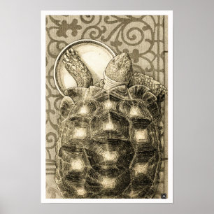 Affiche Tortue Sulcata Art Nouveau Encre Dessin sépia