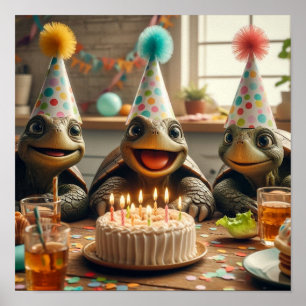 Affiche Tortues célébrant un anniversaire avec gâteau et c
