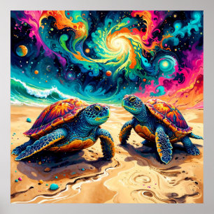 Affiche Tortues de mer colorées sous un ciel cosmique