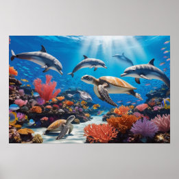 Affiche Tortues de mer et dauphins dans un jardin de corai