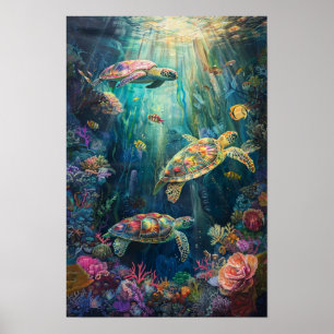 Affiche Tortues de mer et récif corallien : Art océanique