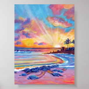 Affiche Tortues marines à Poipu Beach Kauai au coucher du