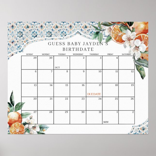 Affiche Toscane Carrelage Baby shower Citrus Devinez la da (Devant)