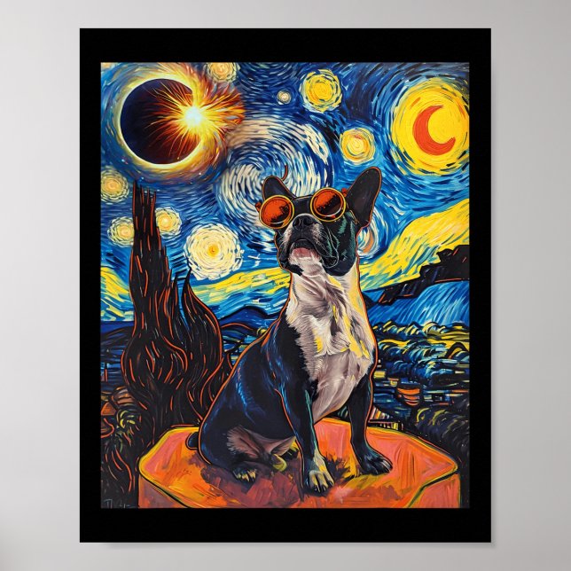Affiche Total Solaire Eclipse Boston Terrier Chien (Devant)